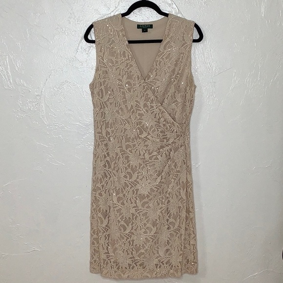 Lauren Ralph Lauren v neck floral lace side gather cream Nude midi dress size 14 - Picture 1 of 15